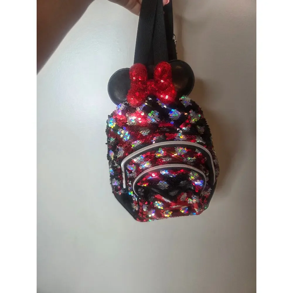 Disney Parks Minie Mouse Reversible Sequined Mini Backpack Red Black Polka Dot